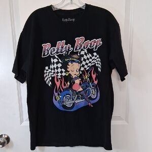 Betty Boop Black Tee with Blue Motorcycle and Pink Flames